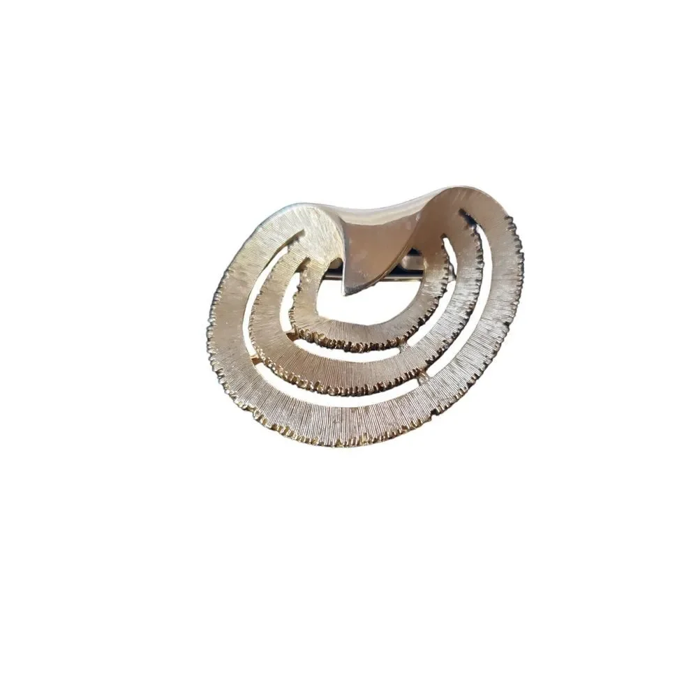 JJ Jonette Vintage Gold‎ Tone Wave Brooch Brushed Layered Late 50s/60s Art Deco